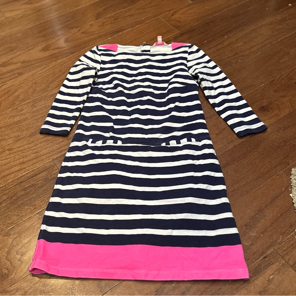 Striped Navy & White Dress with Pink Accent